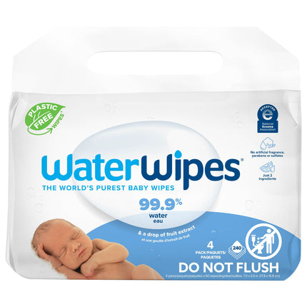 WaterWipes Plastic-Free Original Baby Wipes, 99.9% Water Based Wipes, Unscented & Hypoallergenic for Sensitive Skin, 240 Count (4 Packs), Packaging May Vary - 240 CT 3 Pack