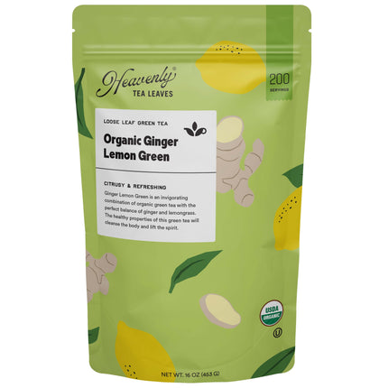 Heavenly Tea Leaves Organic Ginger Lemon Green, Loose Leaf Green Tea, Essentials Collection - 0.66 OZ 12 Pack